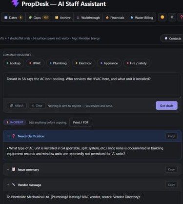 PropDesk — AI staff assistant generating vendor and tenant drafts